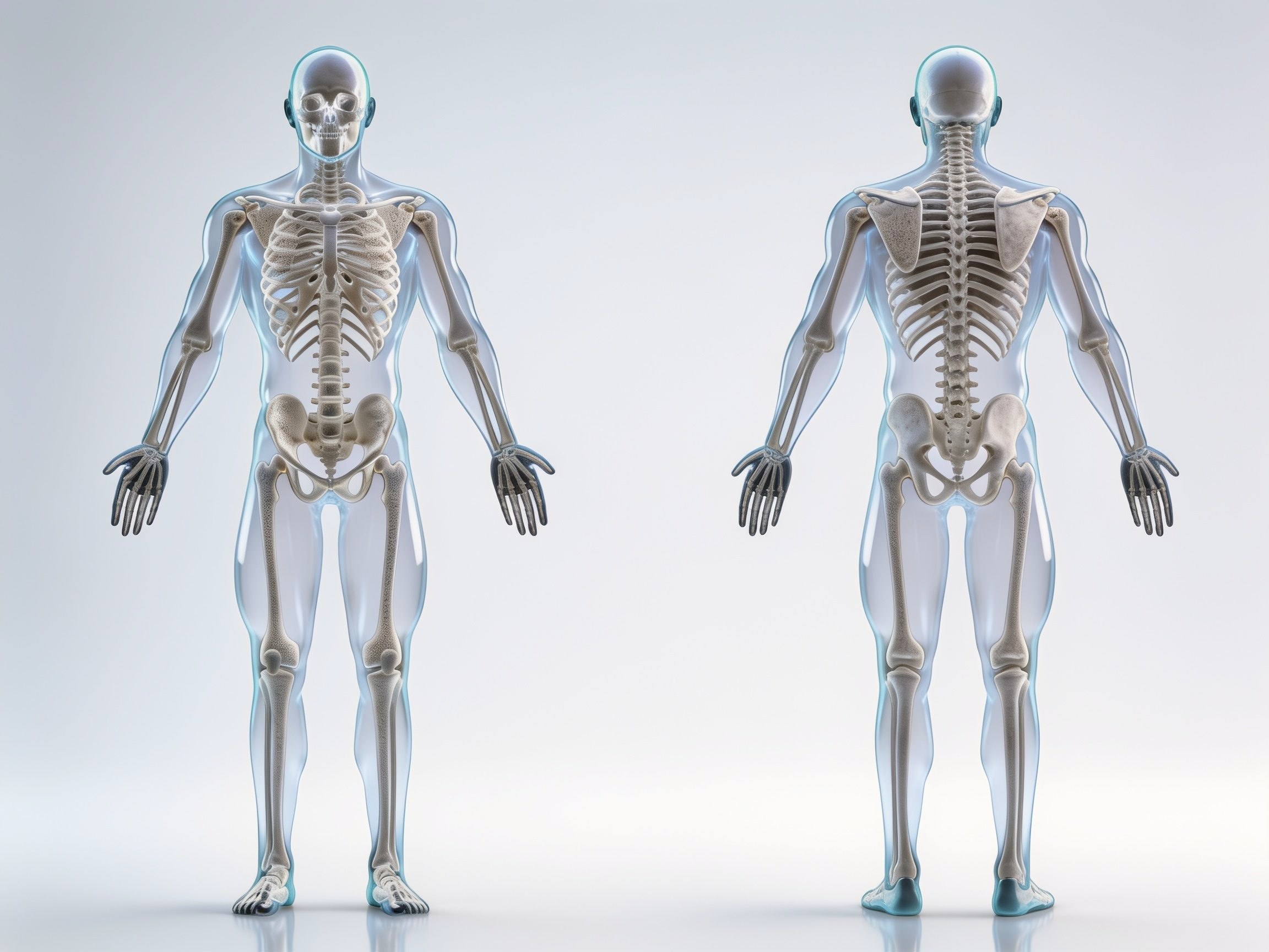 Ilustração anatômica do corpo humano de frente e de costas com o esqueleto visível