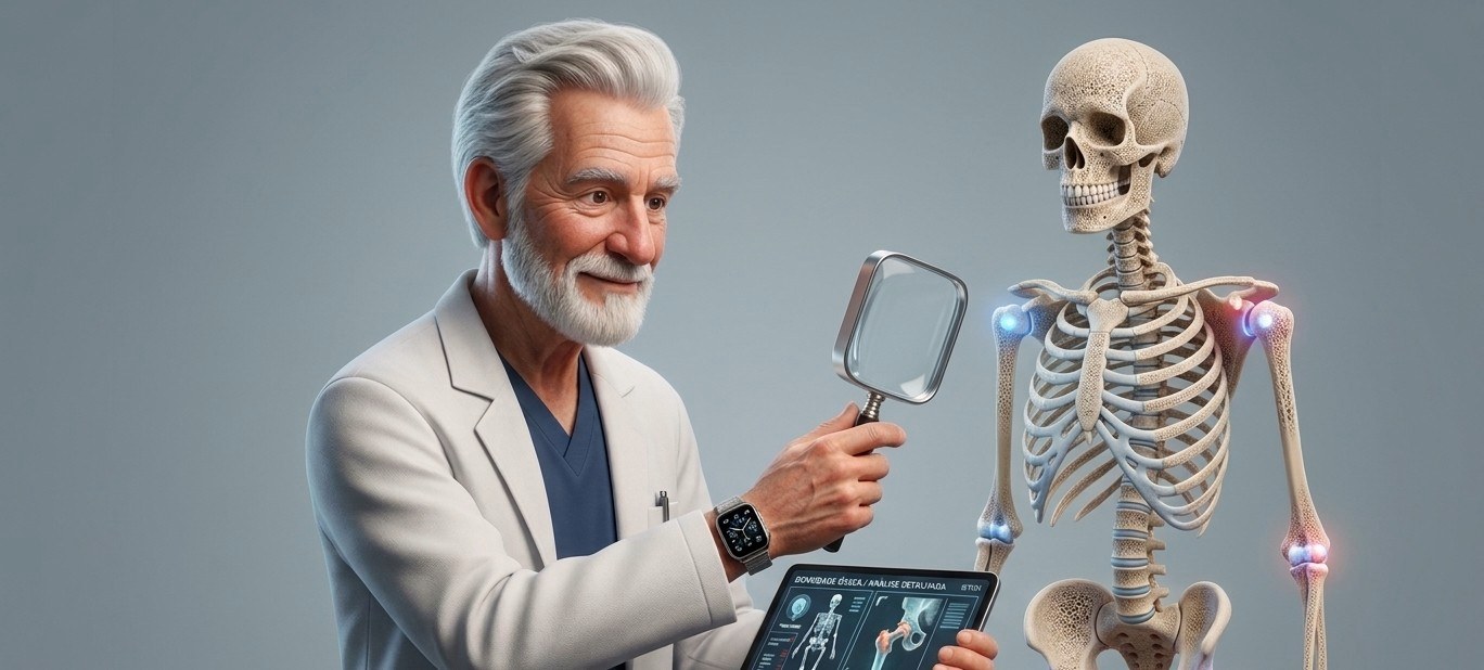 Dr. Paulo Gusmão analisando exame de imagem óssea ao lado de um esqueleto com pontos de dor destacados